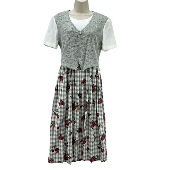 Allison-che Maxi Dress Womens‎ 8 Cream Gray Checkered Plaid Floral Print Vintage - Picture 1 of 9